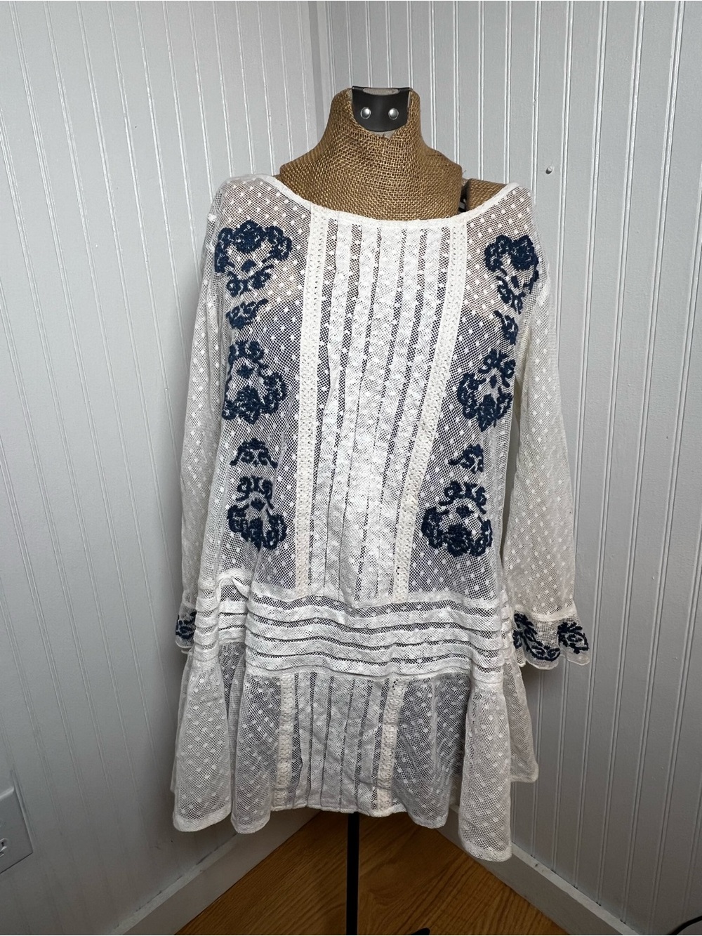 Free People White Eyelet Tunic with Navy Floral Embroidery